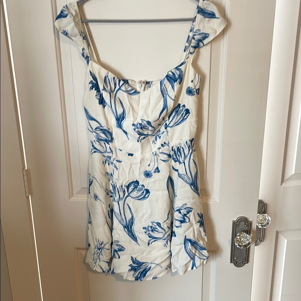 Reformation White and Blue Ruffled Tie Front Dress